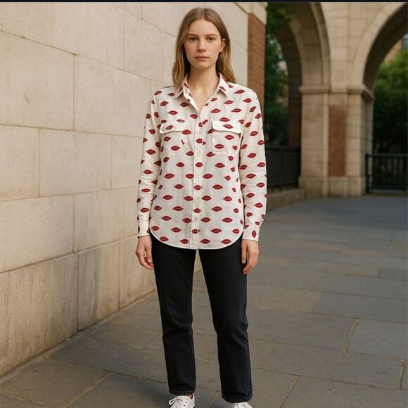 Joie Lips Top Button Up Top V-Neck Roll Tab Long Sleeve Pockets White Red Large - Picture 12 of 12